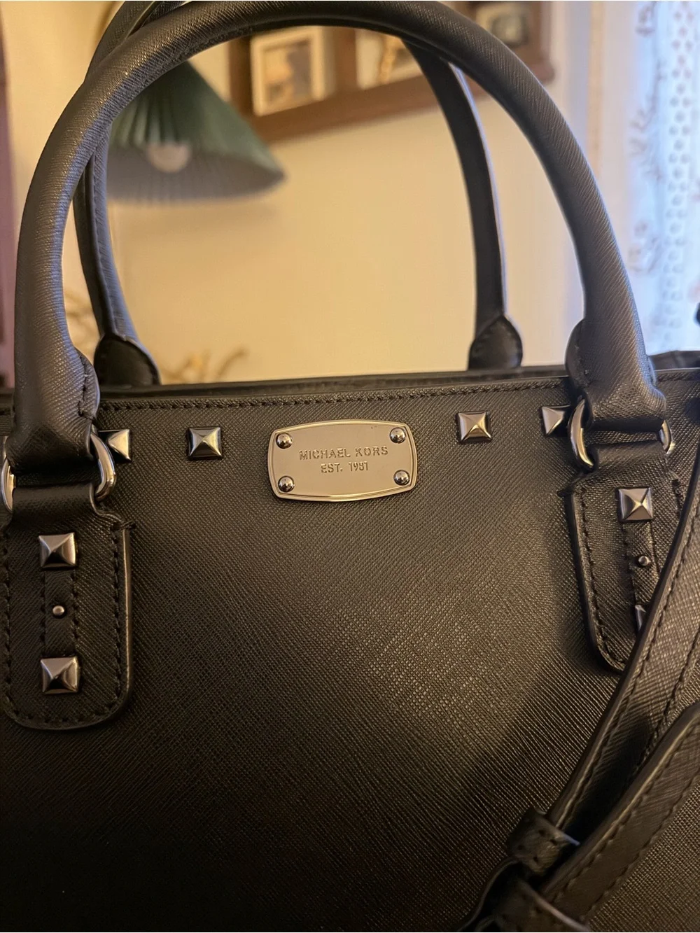 Michael Kors Black Tote Saffiano Studde Leather Satchel with Gold Hardware